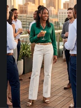 New York & Company Cream Flare-Leg Pants 6 Tall